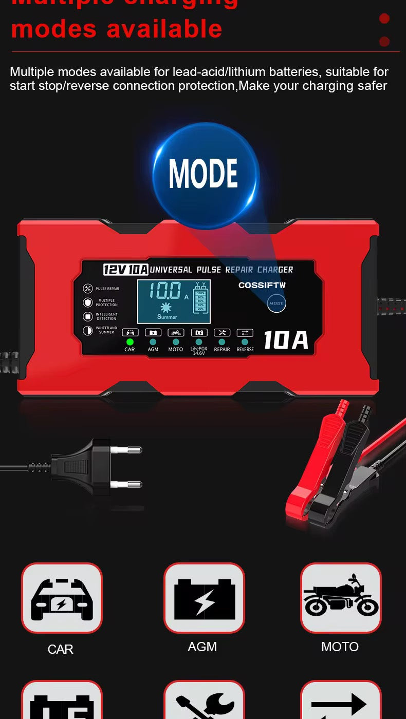 Chargeur de batterie portatif 10A, 12V/4Ah-100Ah