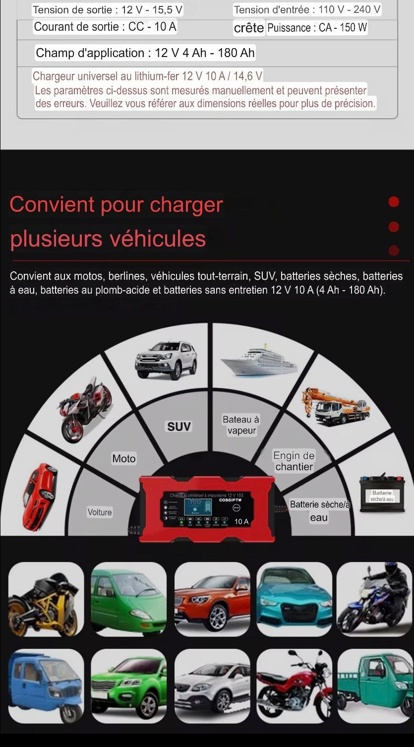 Chargeur de batterie portatif 10A, 12V/4Ah-100Ah